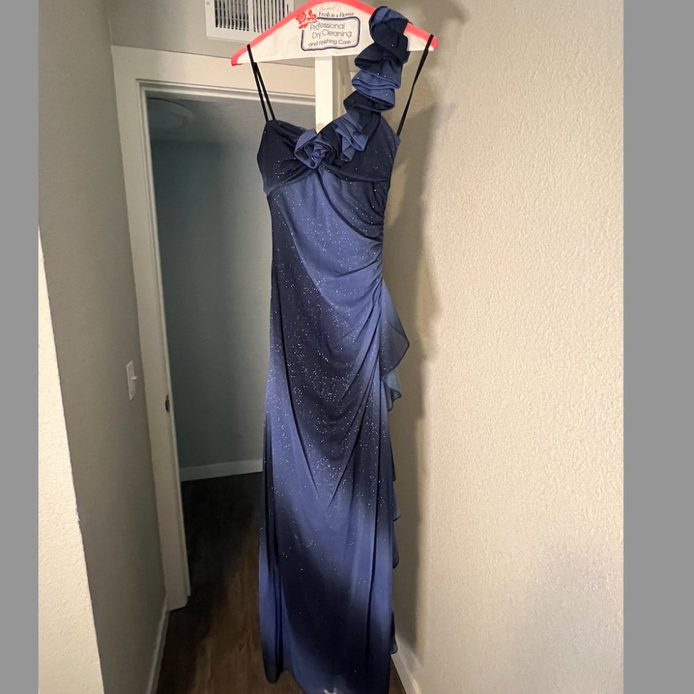 Midnight Blue Ombre gown with fabric floral strap